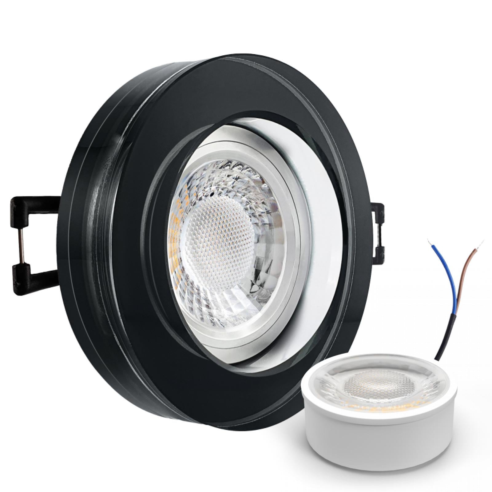 CONCEPTRUN LED Aufbau Einbaustrahler schwarz spiegelnd rund Glas Lochmaß Ø 68mm - 75mm geringe Tiefe 22mm 5W LED Modul flach dimmbar neutralweiß 230V