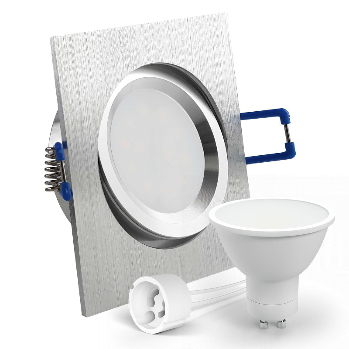 CONCEPTRUN LED Einbaustrahler Spot Alu geschliffen eckig 30° schwenkbar Lochmaß Ø 68mm - 75mm Tiefe 64mm Fassung