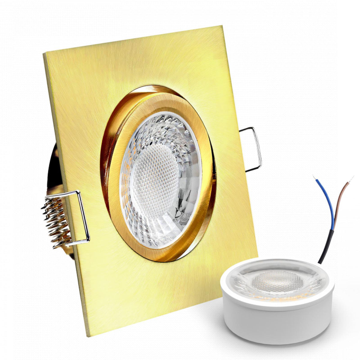 CONCEPTRUN LED Einbaustrahler Spot Gold-Messing gebürstet eckig 30° schwenkbar Lochmaß Ø 68mm - 80mm geringe Tiefe 25mm 5W LED Modul flach dimmbar neutralweiß 230V