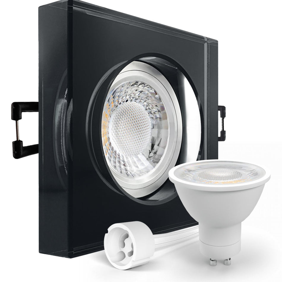 LED Aufbau Einbaustrahler schwarz spiegelnd eckig Glas Lochmaß Ø 68mm - 80mm GU10 230V