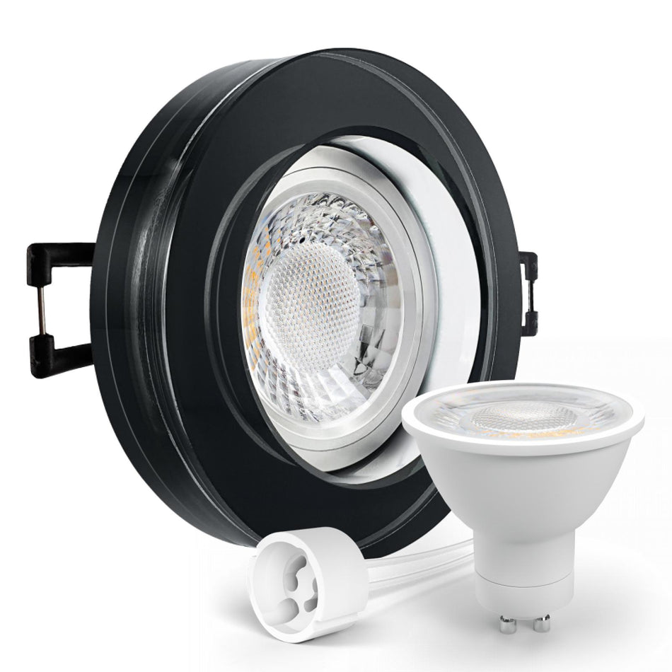 LED Aufbau Einbaustrahler schwarz spiegelnd rund Glas Lochmaß Ø 68mm - 75mm GU10 230V