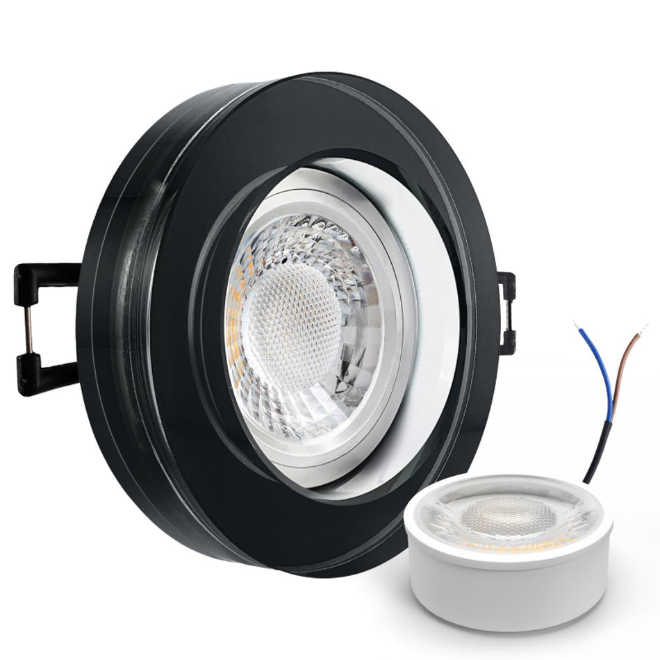 CONCEPTRUN LED Aufbau Einbaustrahler schwarz spiegelnd rund Glas Lochmaß Ø 68mm - 75mm geringe Tiefe 22mm 5W LED Modul flach dimmbar neutralweiß 230V
