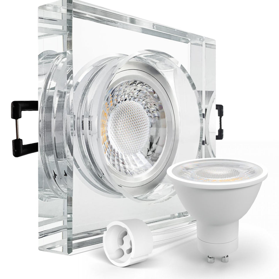 LED Aufbau Einbaustrahler spiegelnd eckig Glas Lochmaß Ø 68mm - 80mm GU10 230V