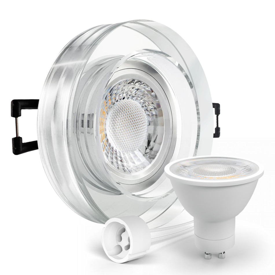 LED Aufbau Einbaustrahler spiegelnd rund Glas Lochmaß Ø 68mm - 75mm GU10 230V