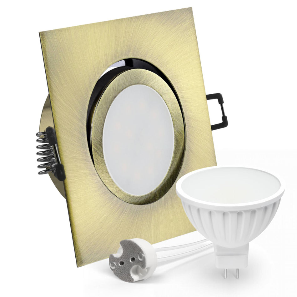 CONCEPTRUN LED Einbaustrahler Spot Altmessing gebürstet eckig 30° schwenkbar Lochmaß Ø 68mm - 80mm Tiefe 55mm Fassung