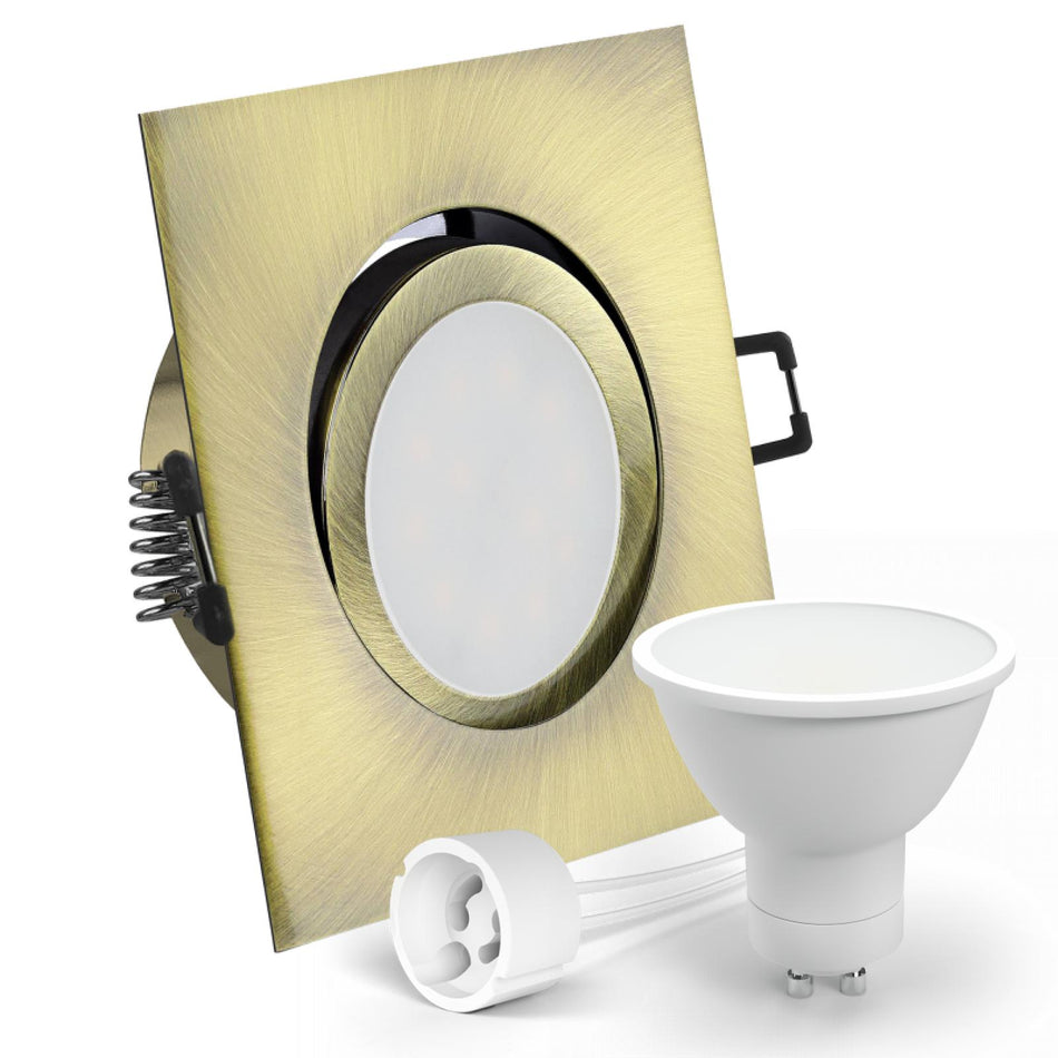 CONCEPTRUN LED Einbaustrahler Spot Altmessing gebürstet eckig 30° schwenkbar Lochmaß Ø 68mm - 80mm Tiefe 64mm Fassung
