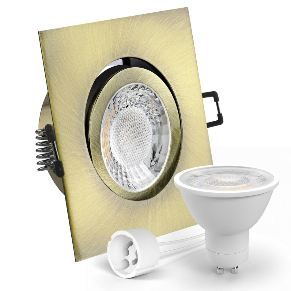 LED Einbaustrahler Spot Altmessing gebürstet eckig 30° schwenkbar Lochmaß Ø 68mm - 80mm GU10 230V