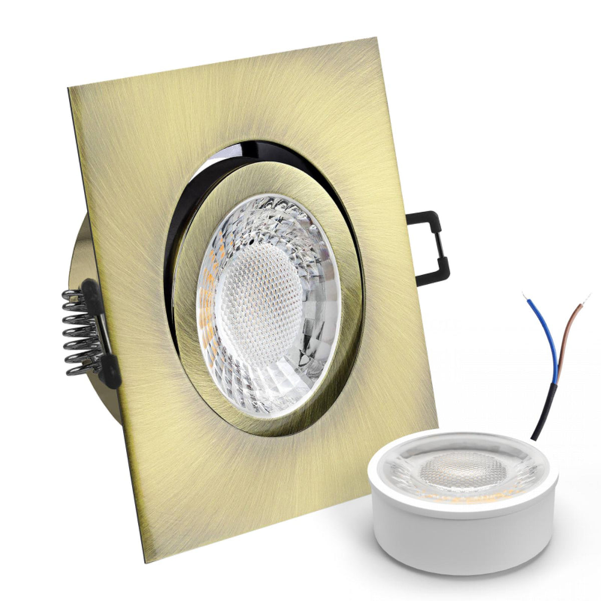 CONCEPTRUN LED Einbaustrahler Spot Altmessing gebürstet eckig 30° schwenkbar Lochmaß Ø 68mm - 80mm geringe Tiefe 25mm 5W LED Modul flach dimmbar neutralweiß 230V