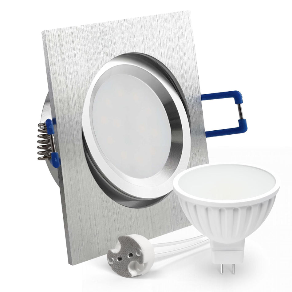 CONCEPTRUN LED Einbaustrahler Spot Alu geschliffen eckig 30° schwenkbar Lochmaß Ø 68mm - 75mm Tiefe 55mm Fassung