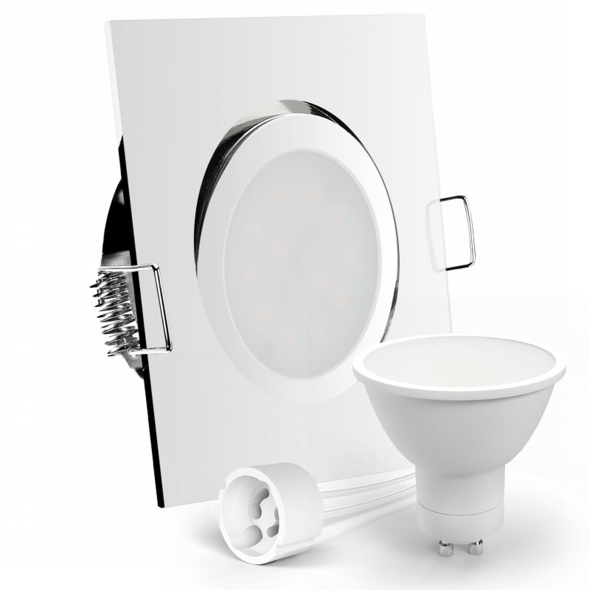 CONCEPTRUN LED Einbaustrahler Spot Chrom glänzend eckig 30° schwenkbar Lochmaß Ø 68mm - 80mm Tiefe 64mm Fassung