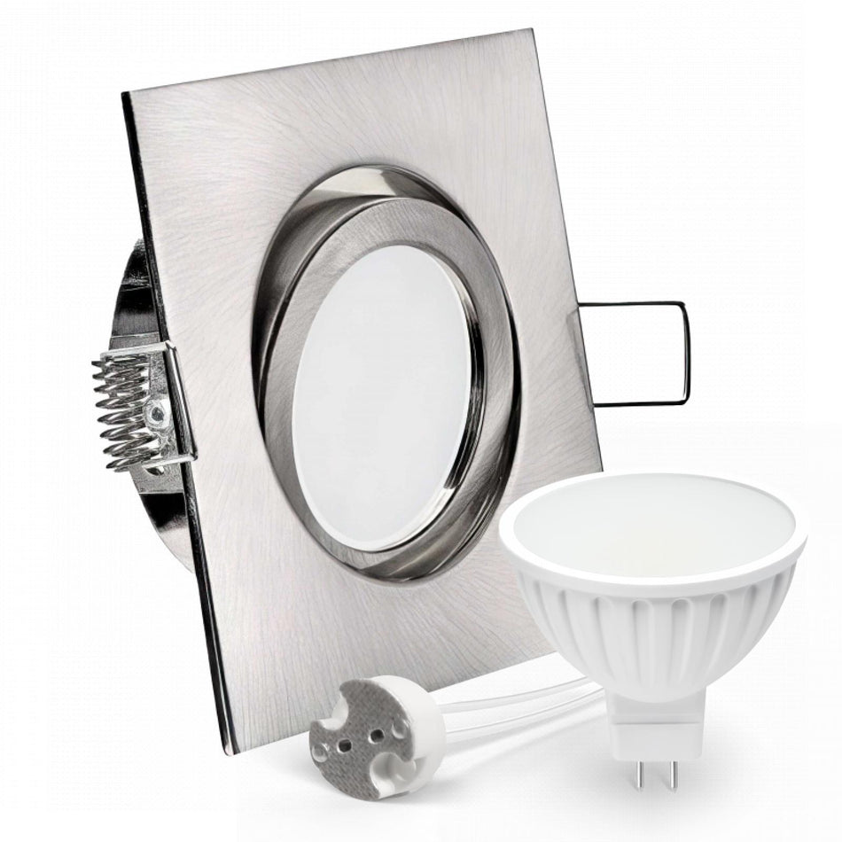 CONCEPTRUN LED Einbaustrahler Spot Edelstahl gebürstet eckig 30° schwenkbar Lochmaß Ø 68mm - 80mm Tiefe 55mm Fassung