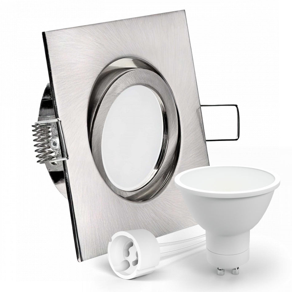 CONCEPTRUN LED Einbaustrahler Spot Edelstahl gebürstet eckig 30° schwenkbar Lochmaß Ø 68mm - 80mm Tiefe 64mm Fassung