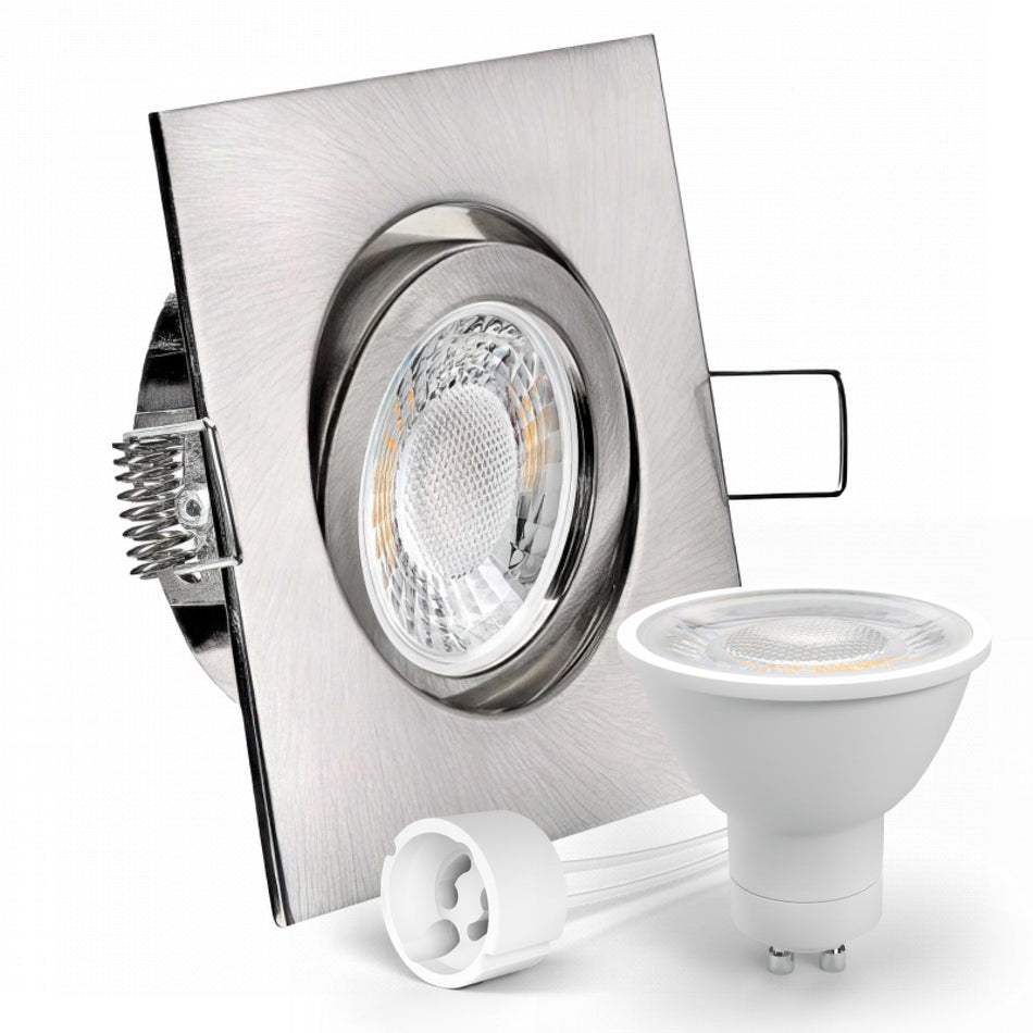 LED Einbaustrahler Spot Edelstahl gebürstet eckig 30° schwenkbar Lochmaß Ø 68mm - 80mm GU10 230V