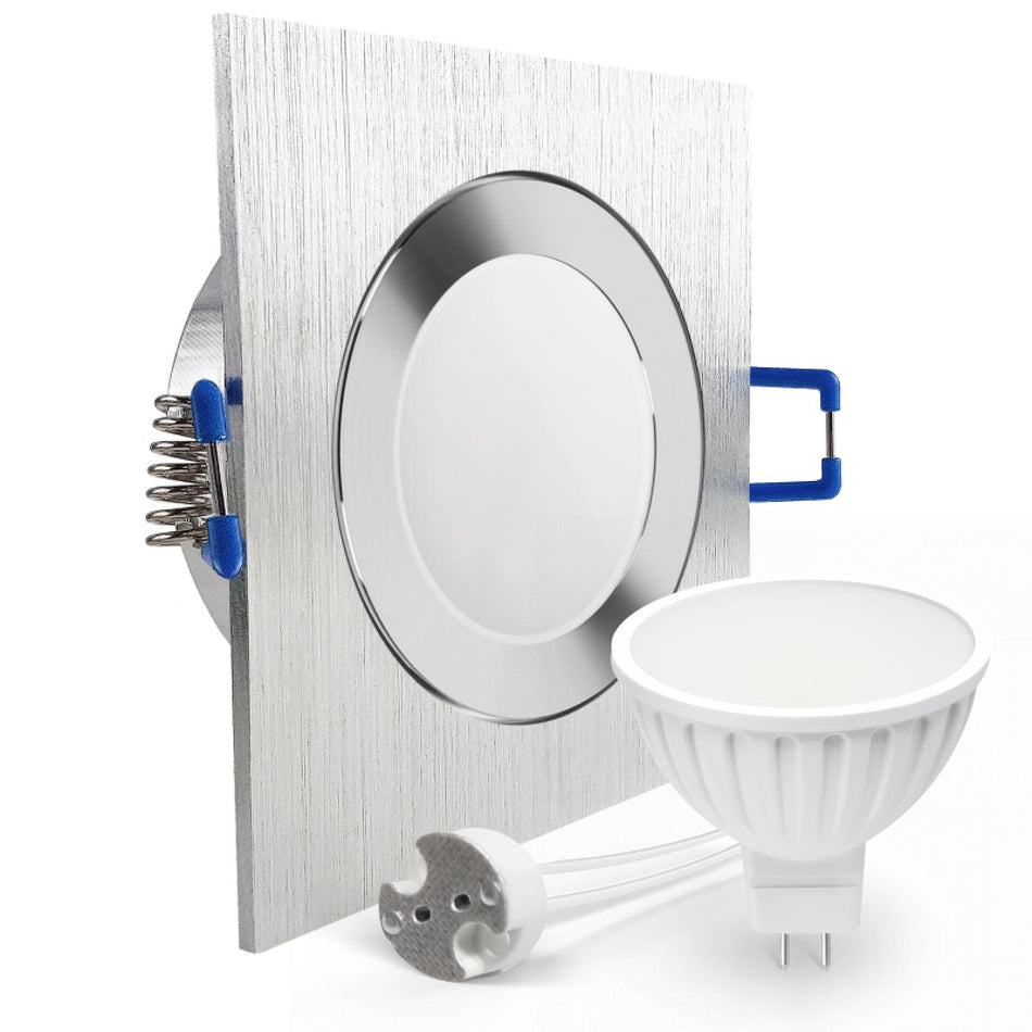 CONCEPTRUN LED Einbaustrahler Spot Feuchtraum IP44 Alu geschliffen eckig Glas Lochmaß Ø 60mm - 85mm Tiefe 55mm Fassung