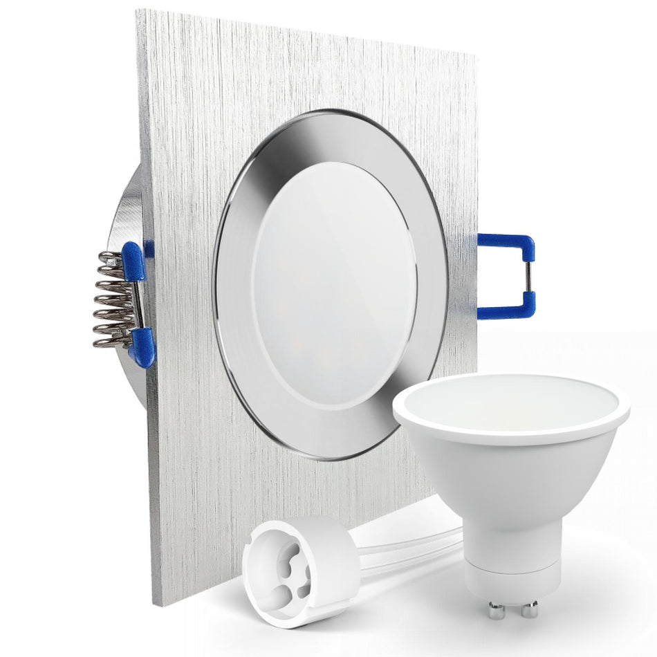 CONCEPTRUN LED Einbaustrahler Spot Feuchtraum IP44 Alu geschliffen eckig Glas Lochmaß Ø 60mm - 85mm Tiefe 64mm Fassung