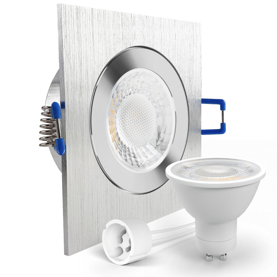LED Einbaustrahler Spot Feuchtraum IP44 Alu geschliffen eckig Glas Lochmaß Ø 60mm - 85mm GU10 230V