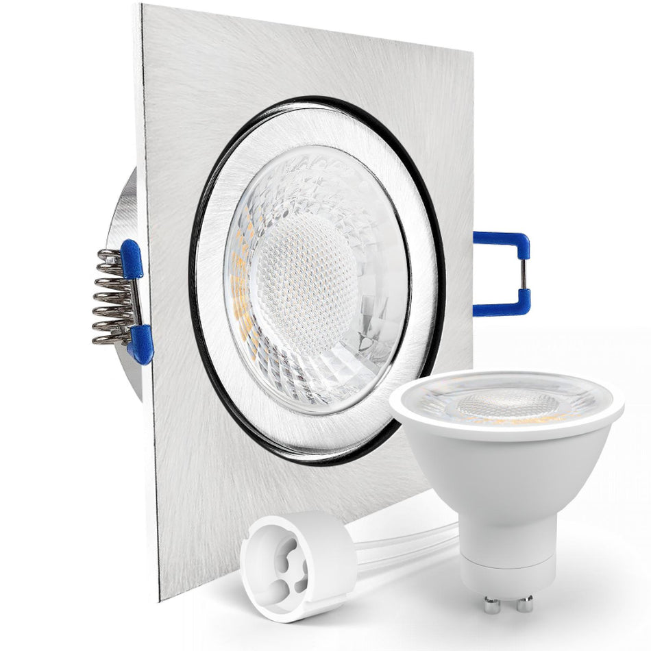 LED Einbaustrahler Spot Feuchtraum IP44 Edelstahl gebürstet eckig Glas Lochmaß Ø 60mm - 85mm GU10 230V