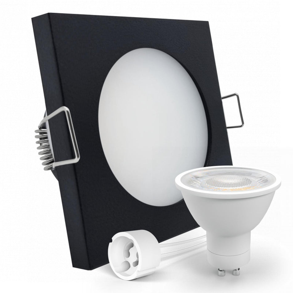 LED Einbaustrahler Spot Feuchtraum IP44 schwarz eckig Glas Lochmaß Ø 60mm - 75mm GU10 230V