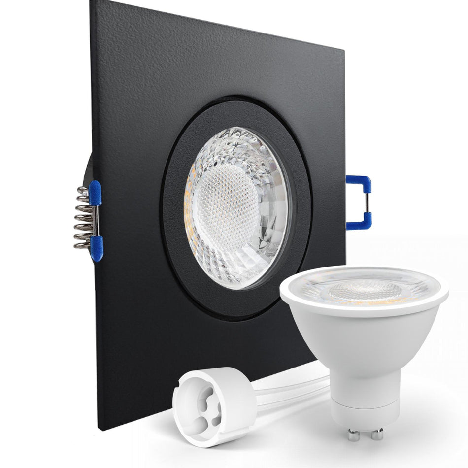 LED Einbaustrahler Spot Feuchtraum IP44 schwarz eckig Glas Lochmaß Ø 60mm - 85mm GU10 230V