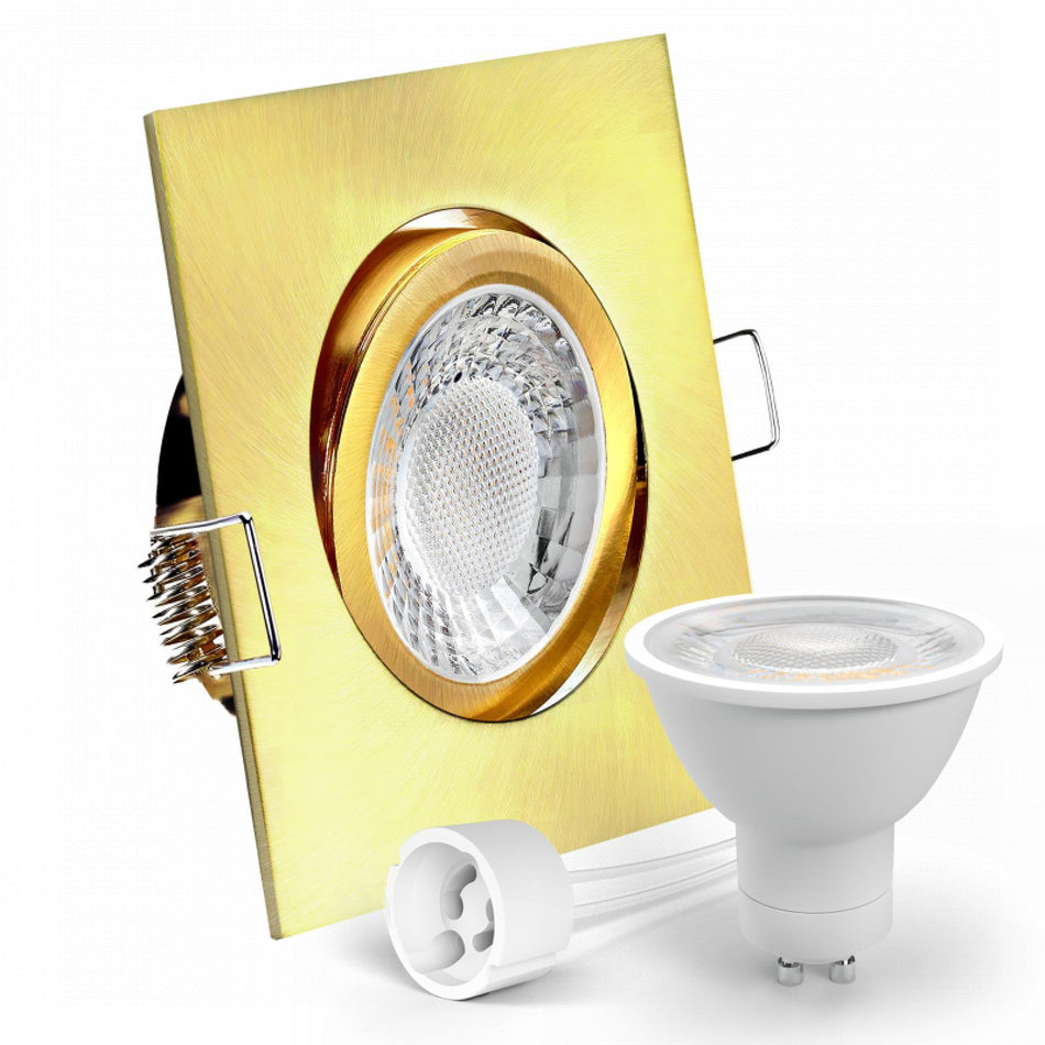 LED Einbaustrahler Spot Gold-Messing gebürstet eckig 30° schwenkbar Lochmaß Ø 68mm - 80mm GU10 230V