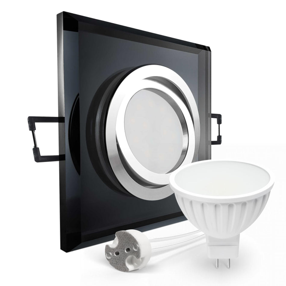 CONCEPTRUN LED Einbaustrahler Spot schwarz spiegelnd eckig Glas 30° schwenkbar Lochmaß Ø 68mm - 80mm Tiefe 55mm Fassung