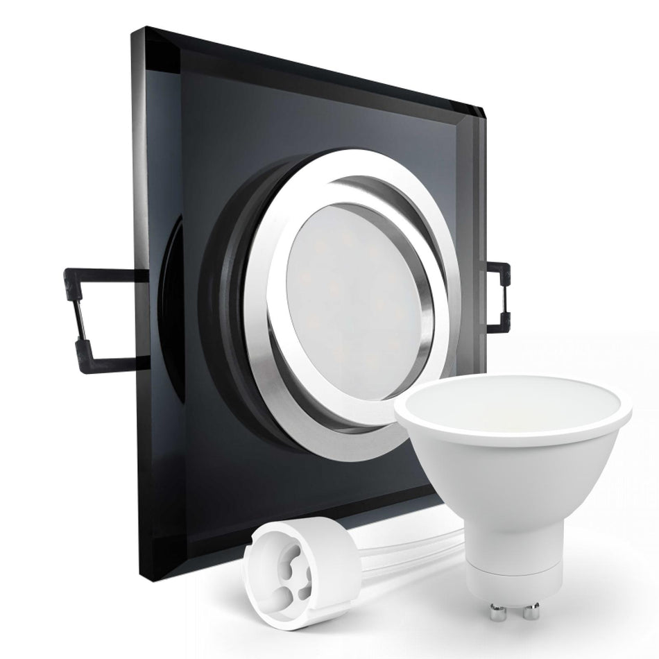 CONCEPTRUN LED Einbaustrahler Spot schwarz spiegelnd eckig Glas 30° schwenkbar Lochmaß Ø 68mm - 80mm Tiefe 64mm Fassung