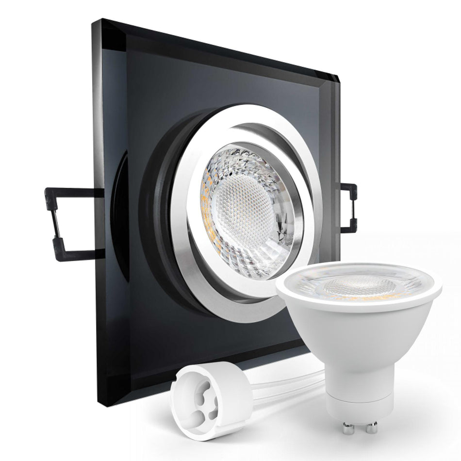 LED Einbaustrahler Spot schwarz spiegelnd eckig Glas 30° schwenkbar Lochmaß Ø 68mm - 80mm GU10 230V