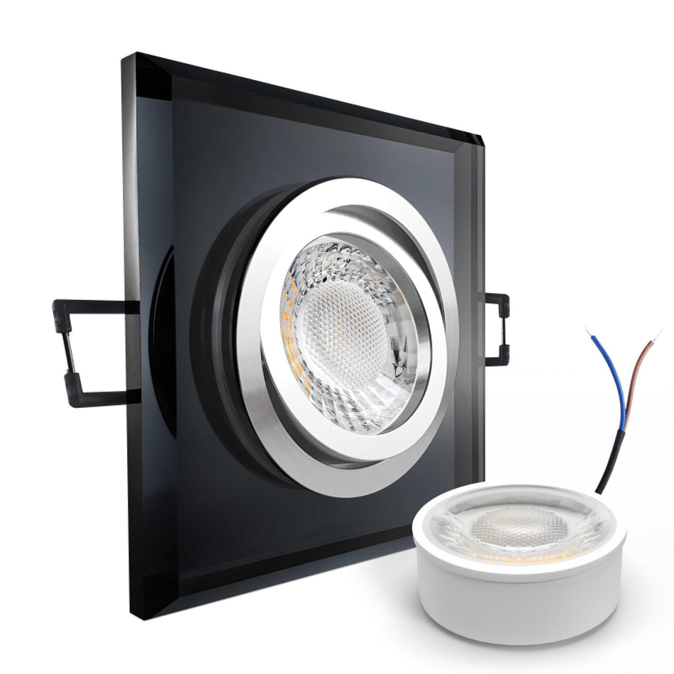 CONCEPTRUN LED Einbaustrahler Spot schwarz spiegelnd eckig Glas 30° schwenkbar Lochmaß Ø 68mm - 80mm geringe Tiefe 24mm 5W LED Modul flach dimmbar neutralweiß 230V