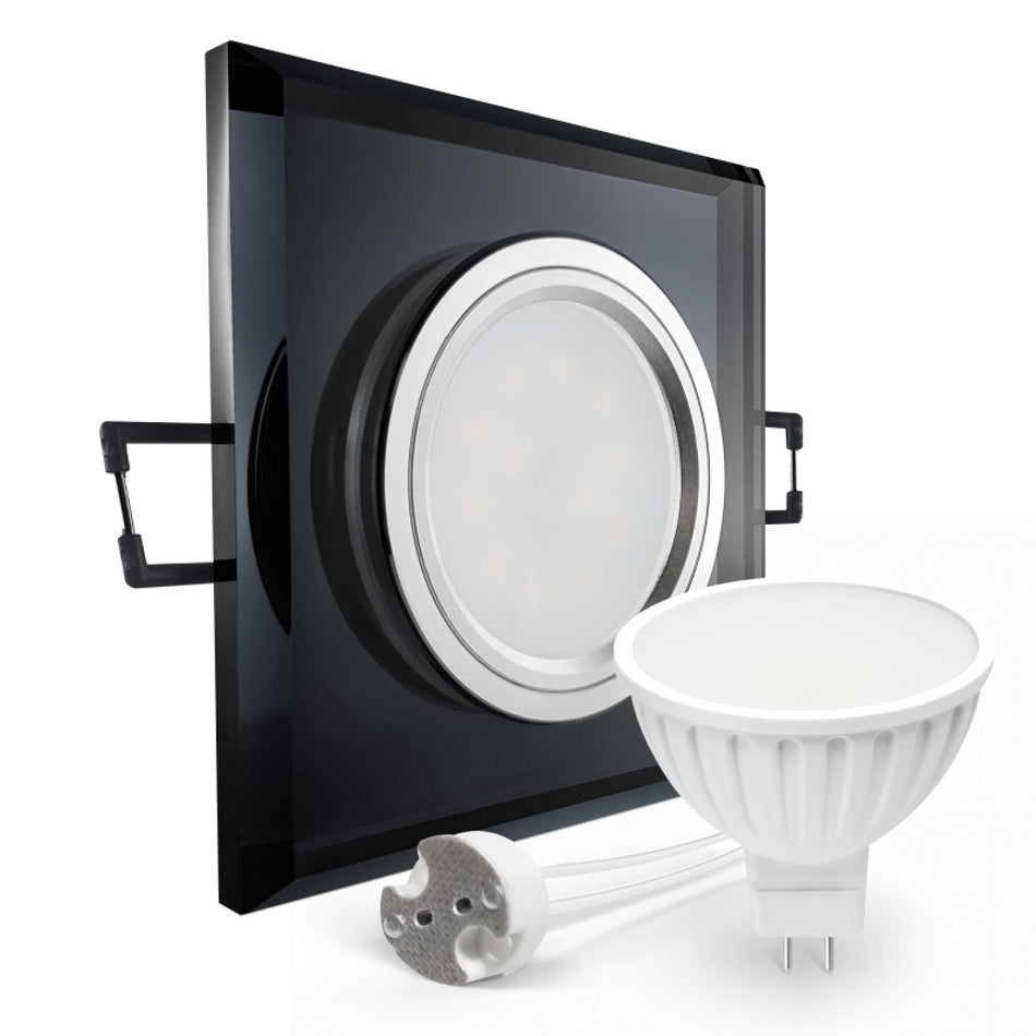 CONCEPTRUN LED Einbaustrahler Spot schwarz spiegelnd eckig Glas Lochmaß Ø 68mm - 80mm Tiefe 55mm Fassung