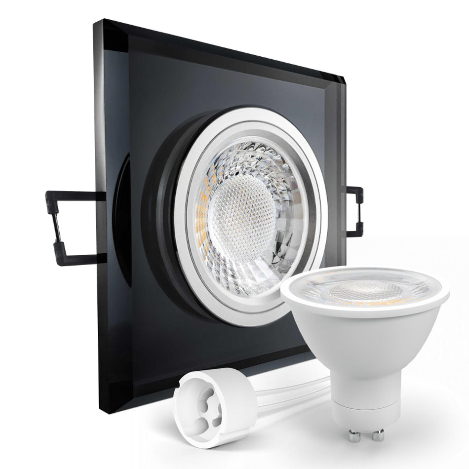 LED Einbaustrahler Spot schwarz spiegelnd eckig Glas Lochmaß Ø 68mm - 80mm GU10 230V