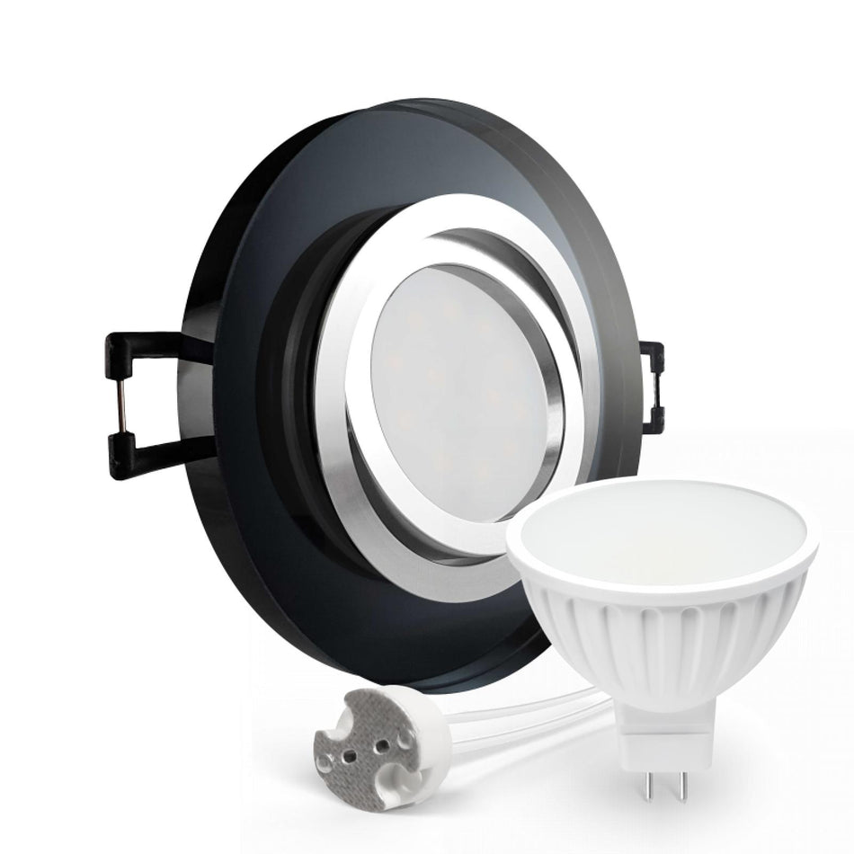 CONCEPTRUN LED Einbaustrahler Spot schwarz spiegelnd rund Glas 360° schwenkbar Lochmaß Ø 68mm - 75mm Tiefe 55mm Fassung
