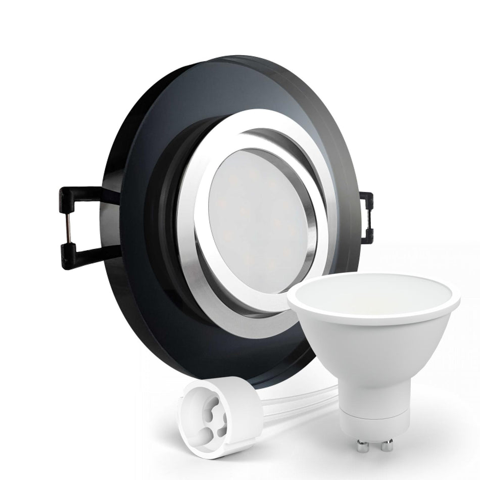 CONCEPTRUN LED Einbaustrahler Spot schwarz spiegelnd rund Glas 360° schwenkbar Lochmaß Ø 68mm - 75mm Tiefe 64mm Fassung