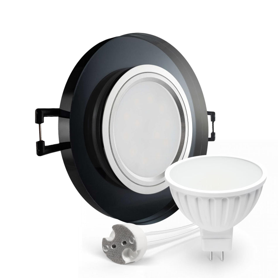 CONCEPTRUN LED Einbaustrahler Spot schwarz spiegelnd rund Glas Lochmaß Ø 68mm - 75mm Tiefe 55mm Fassung