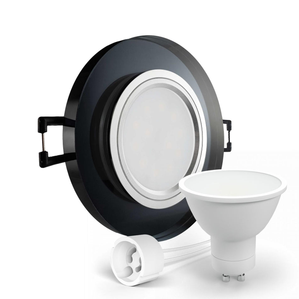 CONCEPTRUN LED Einbaustrahler Spot schwarz spiegelnd rund Glas Lochmaß Ø 68mm - 75mm Tiefe 64mm Fassung