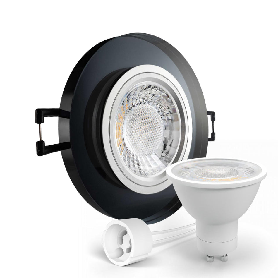 LED Einbaustrahler Spot schwarz spiegelnd rund Glas Lochmaß Ø 68mm - 75mm GU10 230V