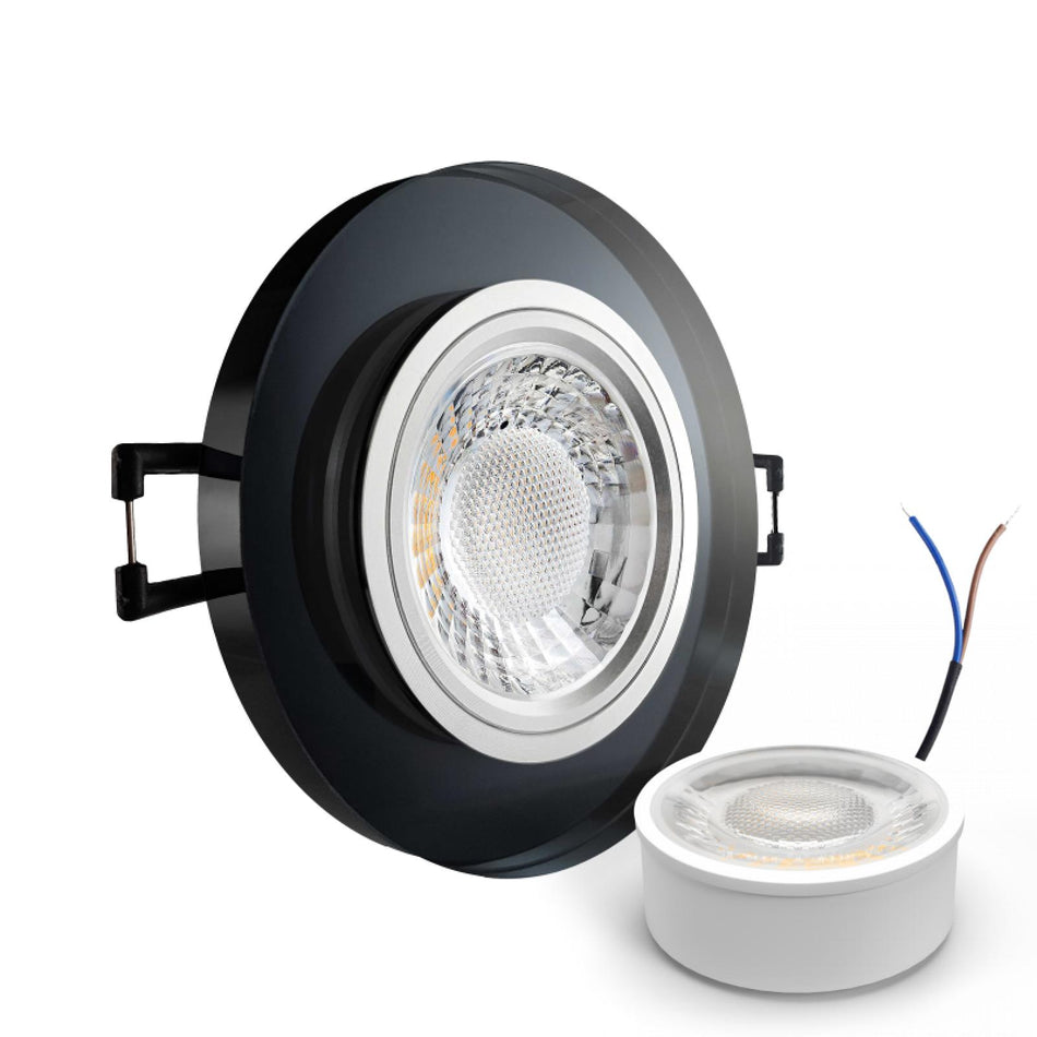 CONCEPTRUN LED Einbaustrahler Spot schwarz spiegelnd rund Glas Lochmaß Ø 68mm - 75mm geringe Tiefe 24mm 5W LED Modul flach dimmbar neutralweiß 230V