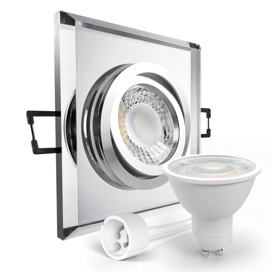 LED Einbaustrahler Spot spiegelnd eckig Glas 30° schwenkbar Lochmaß Ø 68mm - 80mm GU10 230V