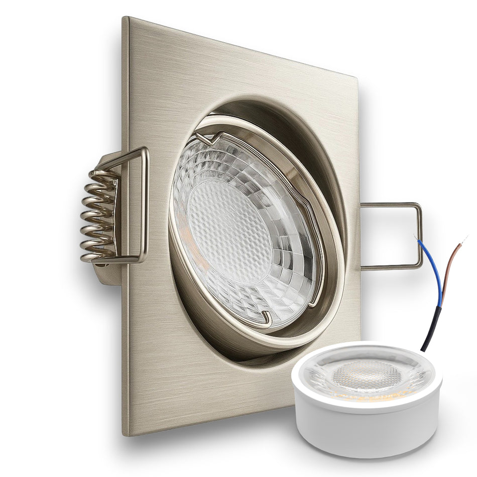 LED Einbaustrahler Spot Edelstahl gebürstet eckig 30° schwenkbar Lochmaß Ø 68mm - 78mm geringe Einbautiefe flach 230V