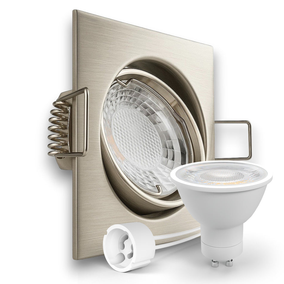 LED Einbaustrahler Spot Edelstahl gebürstet eckig 30° schwenkbar Lochmaß Ø 68mm - 78mm GU10 230V