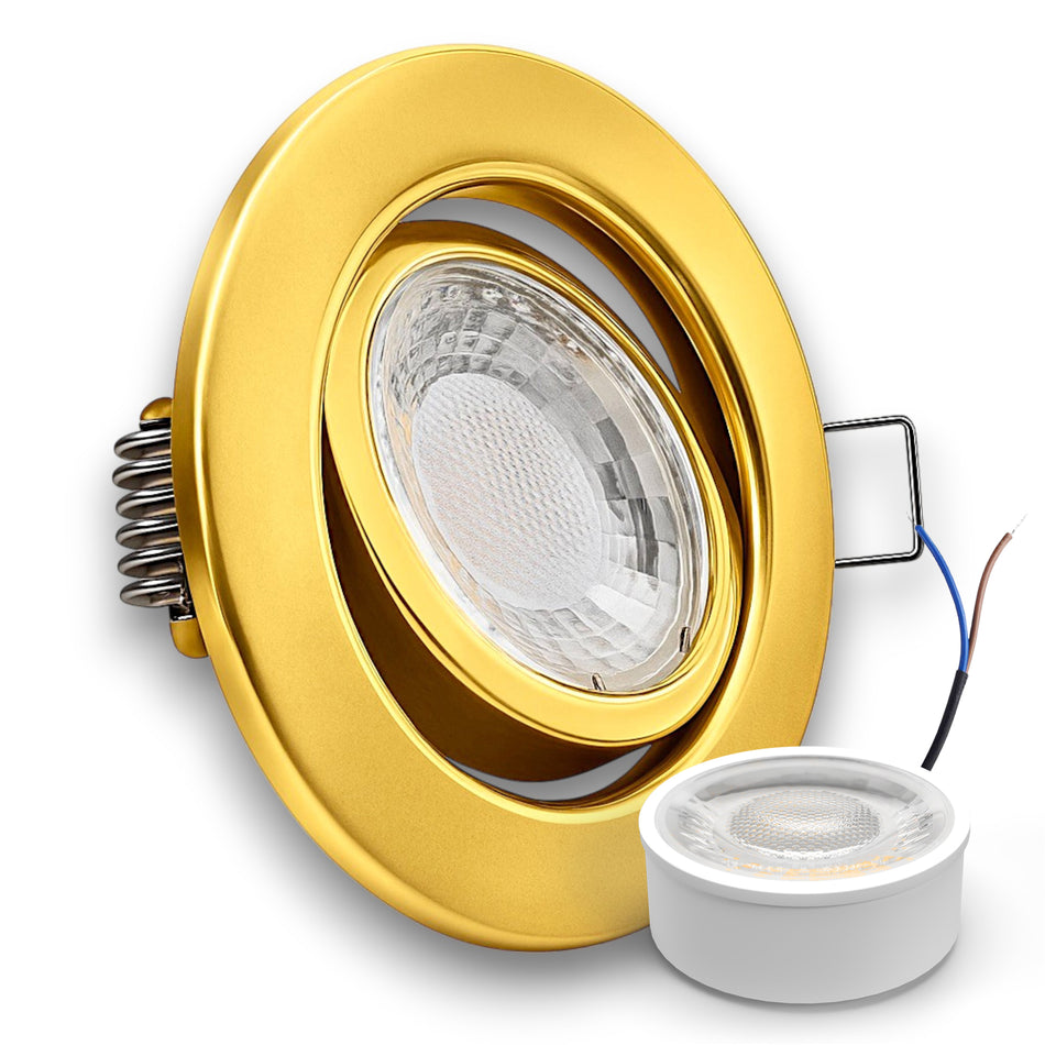 LED Einbaustrahler Spot Gold Messing Optik rund 360° schwenkbar Lochmaß Ø 68mm - 80mm geringe Einbautiefe flach 230V