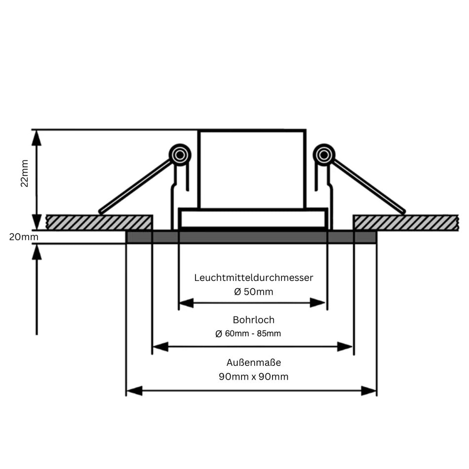 LED Aufbau Einbaustrahler schwarz spiegelnd eckig Glas Lochmaß Ø 60mm - 85mm geringe Einbautiefe flach 230V