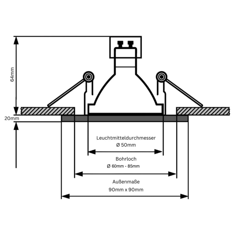 LED Aufbau Einbaustrahler spiegelnd eckig Glas Lochmaß Ø 60mm - 85mm GU10 230V