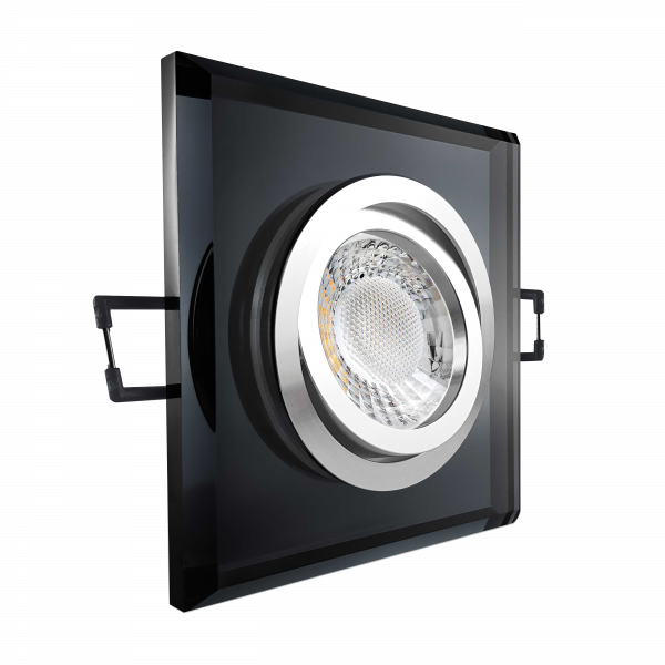LED Einbaustrahler schwarz spiegelnd | Quadratischer Einbauspot Echtglas | 30° schwenkbar | Lochmaß Ø 68mm - 80mm | Einbautiefe 64mm | Anschlussfertig mit GU10 230V Fassung 