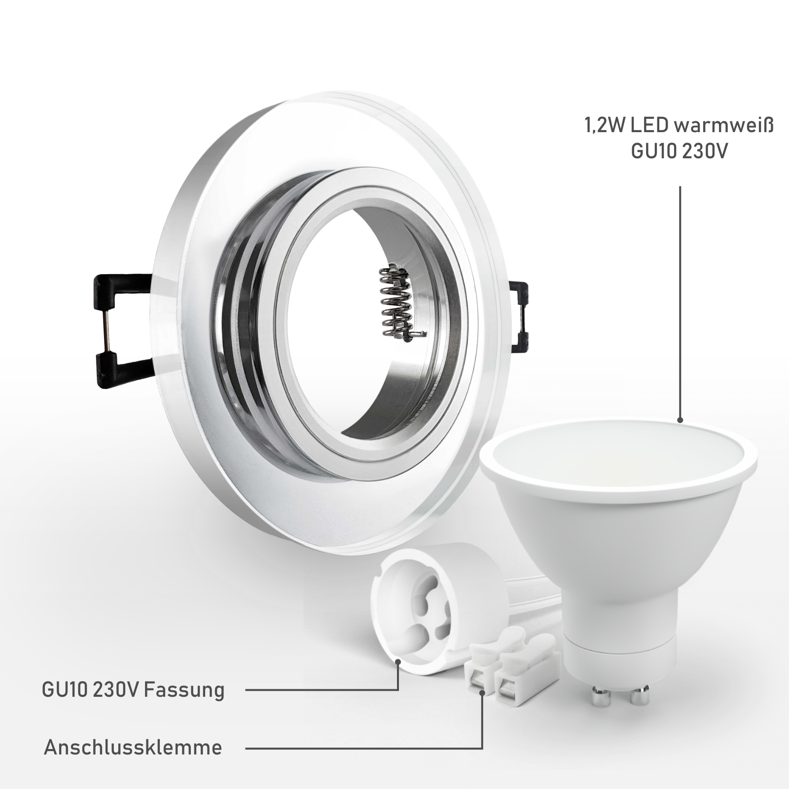 LED Einbaustrahler spiegelnd | rund Echtglas | Lochmaß Ø 68mm - 75mm | Einbautiefe 64mm | Anschlussfertig mit GU10 230V Fassung  inkl. 1,2W LED warmweiß GU10 230V