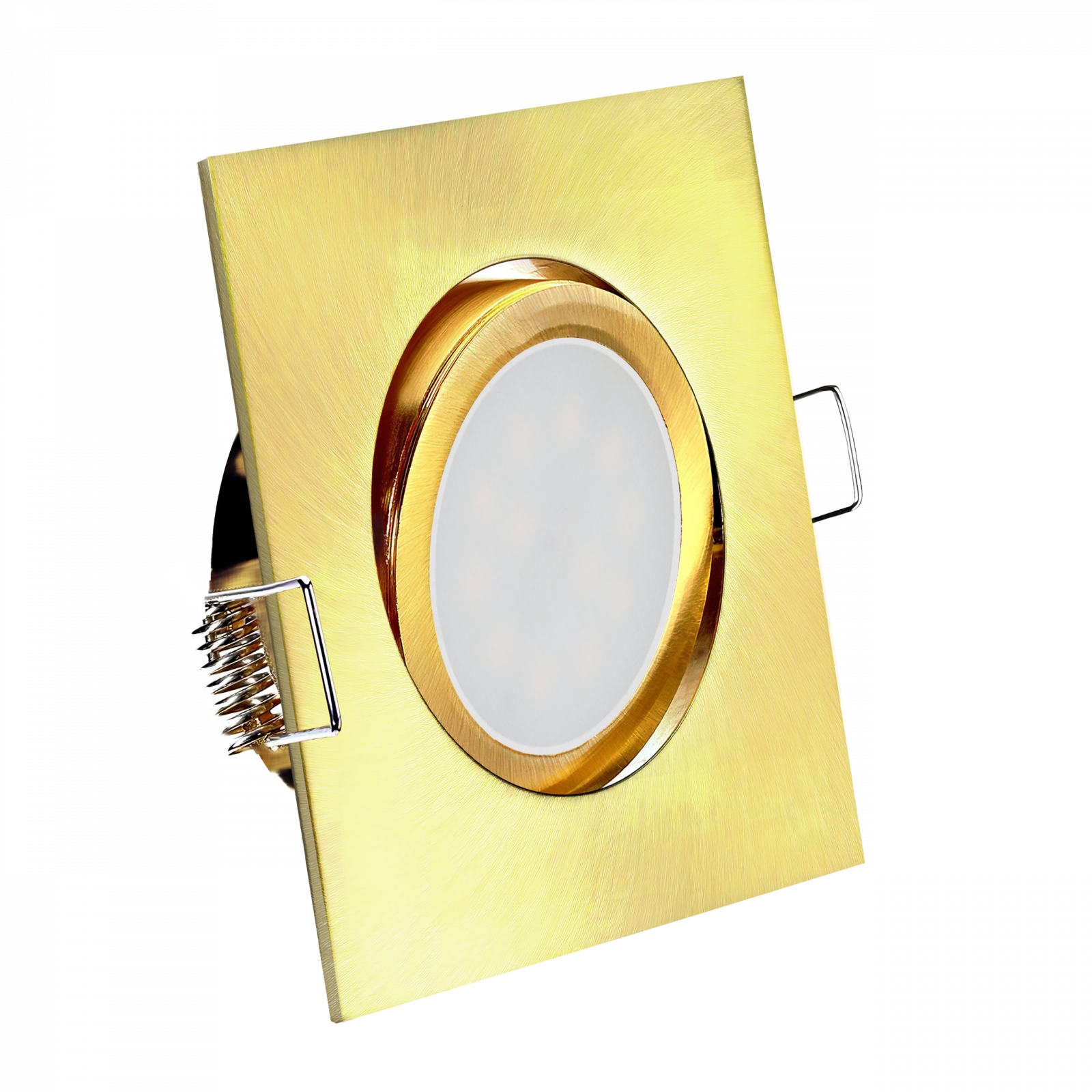 LED Einbaustrahler Gold-Messing gebürstet | quadratisch | 30° schwenkbar | Lochmaß Ø 68mm - 80mm | Einbautiefe 64mm | Anschlussfertig mit GU10 230V Fassung 