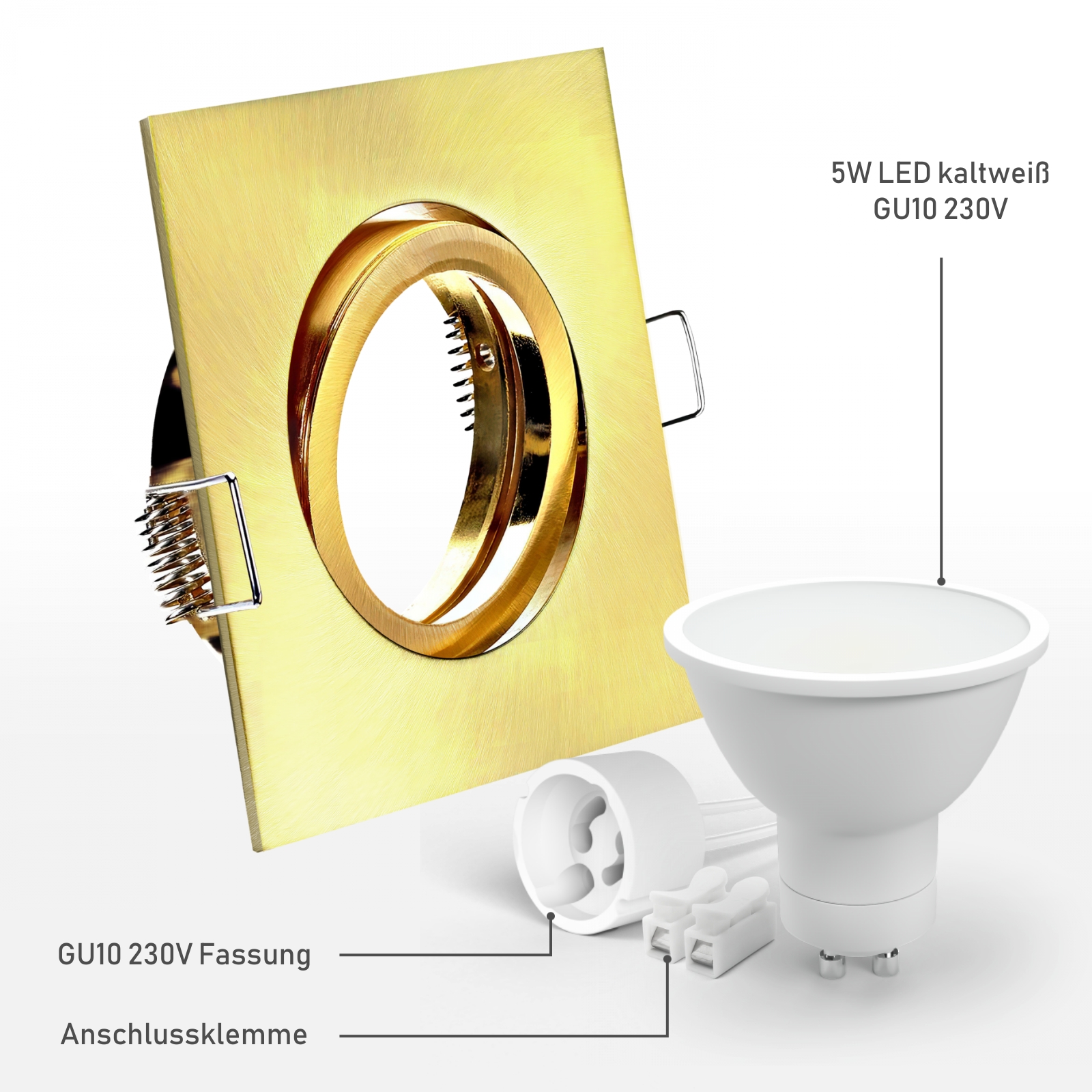 LED Einbaustrahler Gold-Messing gebürstet | quadratisch | 30° schwenkbar | Lochmaß Ø 68mm - 80mm | Einbautiefe 64mm | Anschlussfertig mit GU10 230V Fassung  inkl. 5W LED kaltweiß GU10 230V