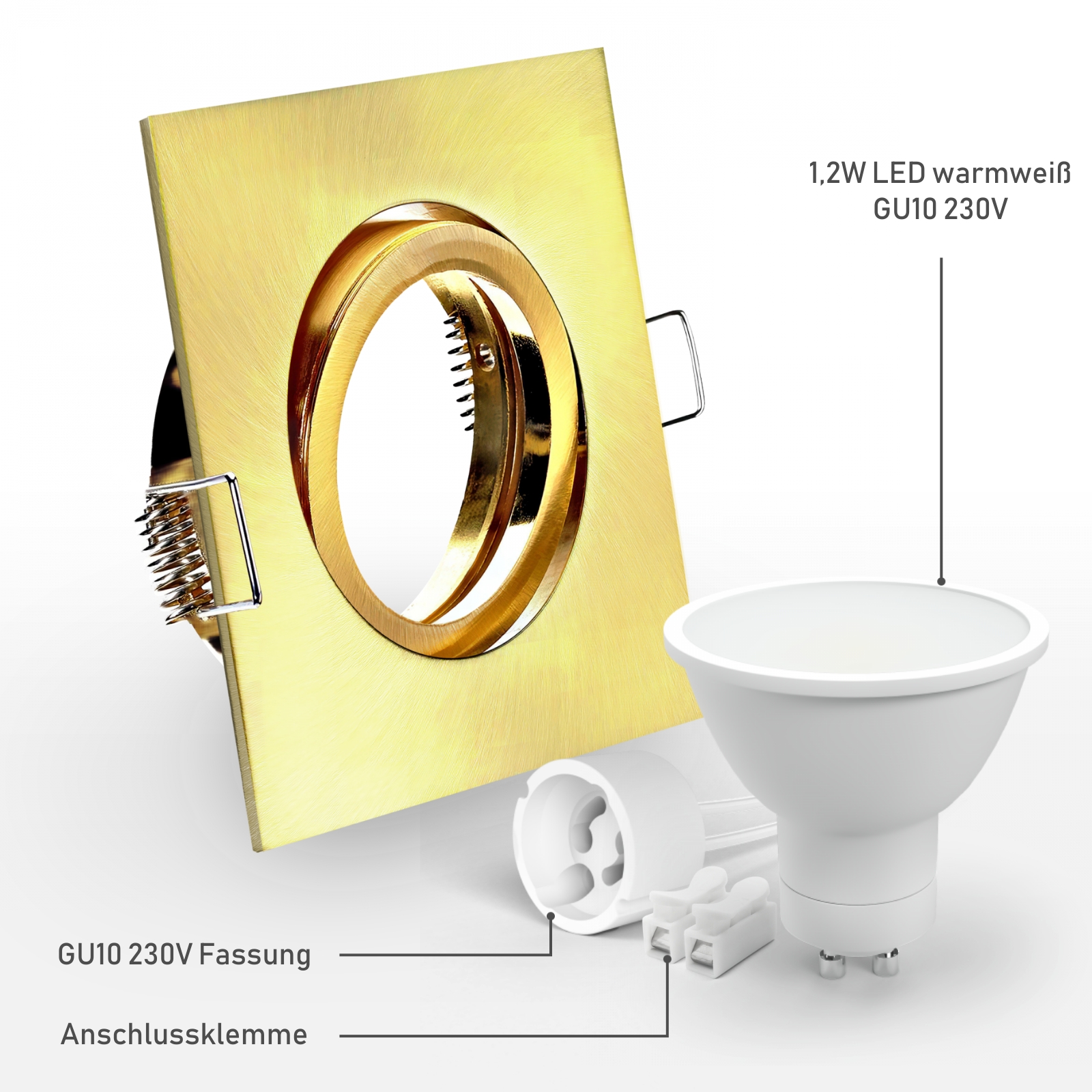 LED Einbaustrahler Gold-Messing gebürstet | quadratisch | 30° schwenkbar | Lochmaß Ø 68mm - 80mm | Einbautiefe 64mm | Anschlussfertig mit GU10 230V Fassung  inkl. 1,2W LED warmweiß GU10 230V