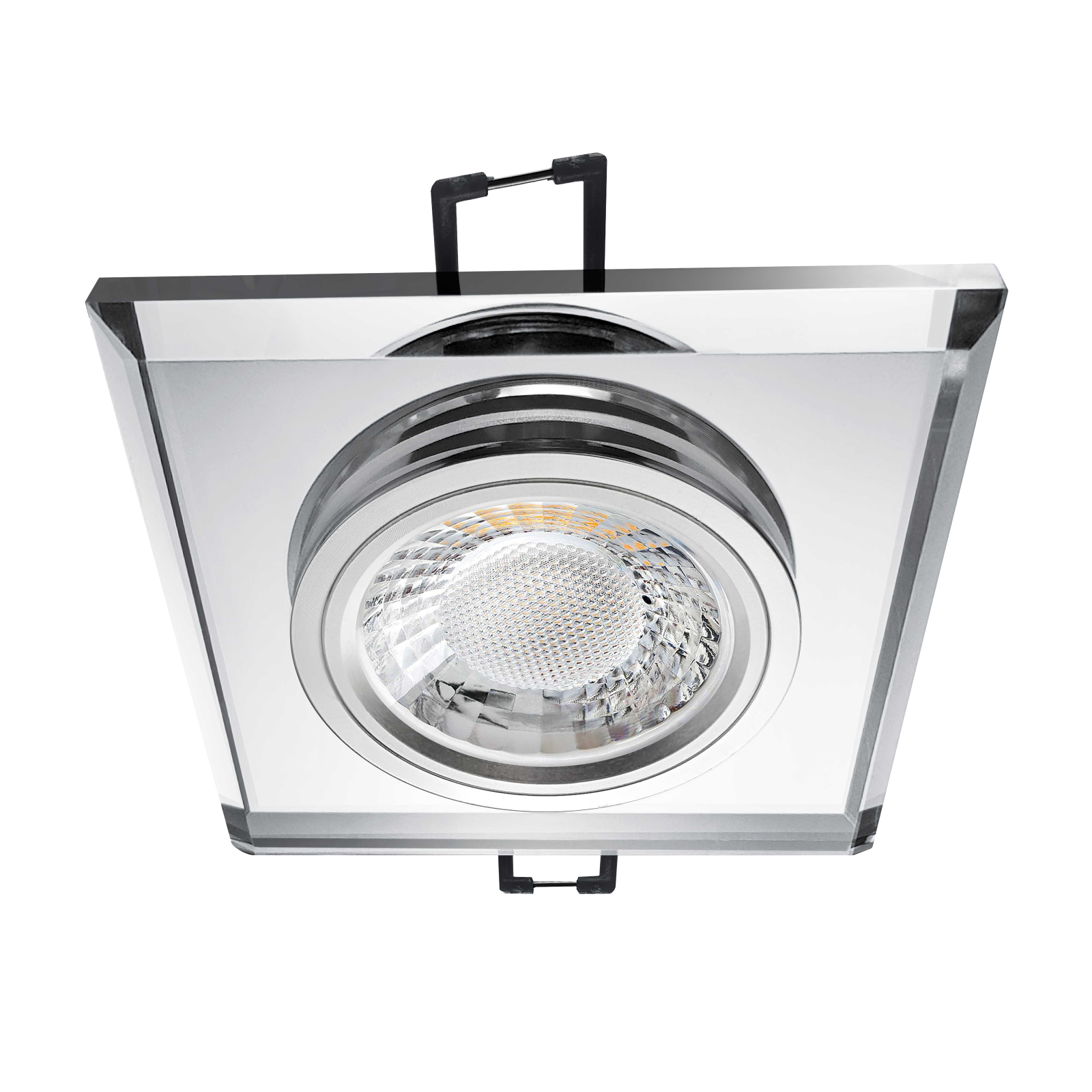 LED Einbaustrahler spiegelnd | Quadratischer Einbauspot Echtglas | Lochmaß Ø 68mm - 80mm | Einbautiefe 64mm | Anschlussfertig mit GU10 230V Fassung 
