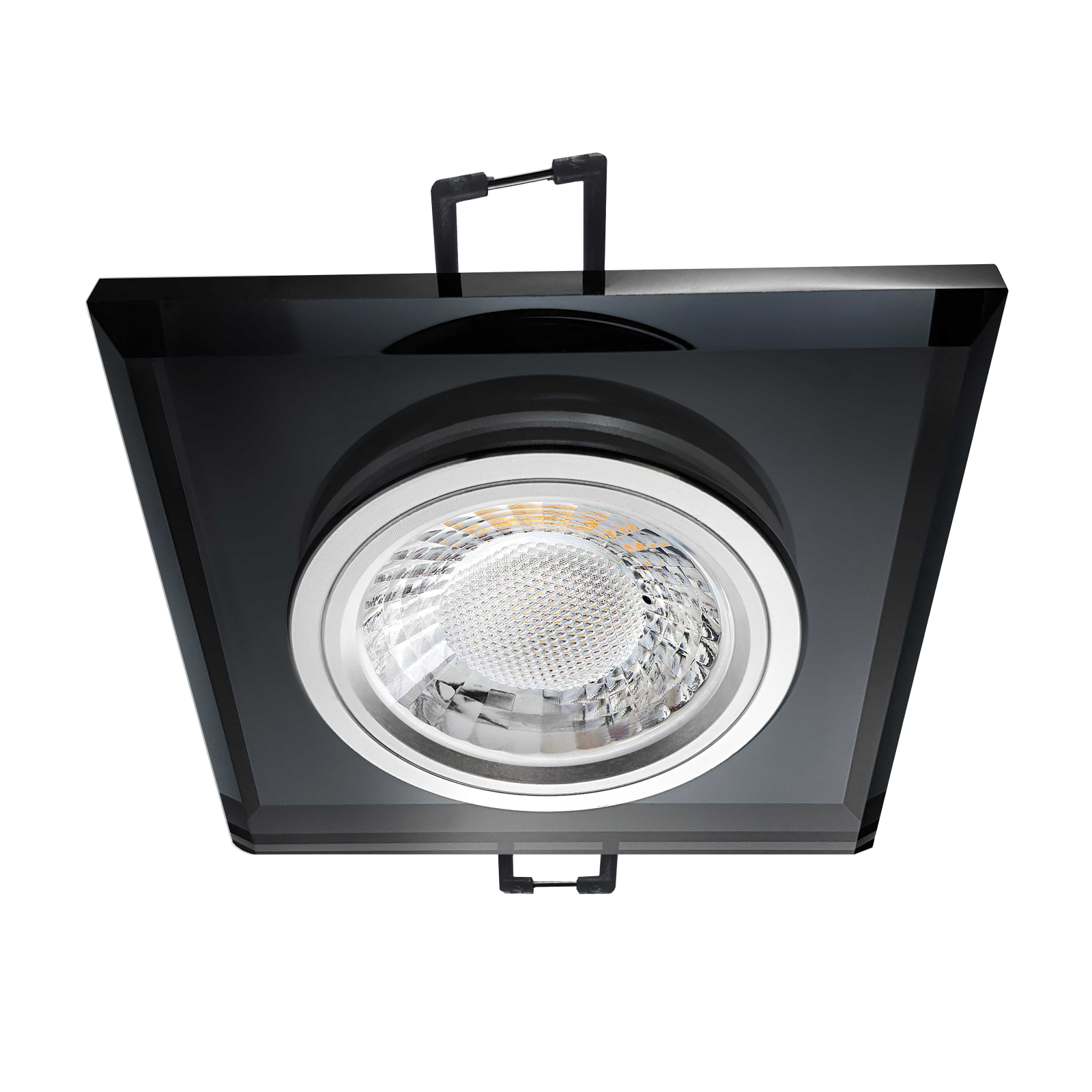 LED Einbaustrahler schwarz spiegelnd | Quadratischer Einbauspot Echtglas | Lochmaß Ø 68mm - 80mm | Einbautiefe 64mm | Anschlussfertig mit GU10 230V Fassung 