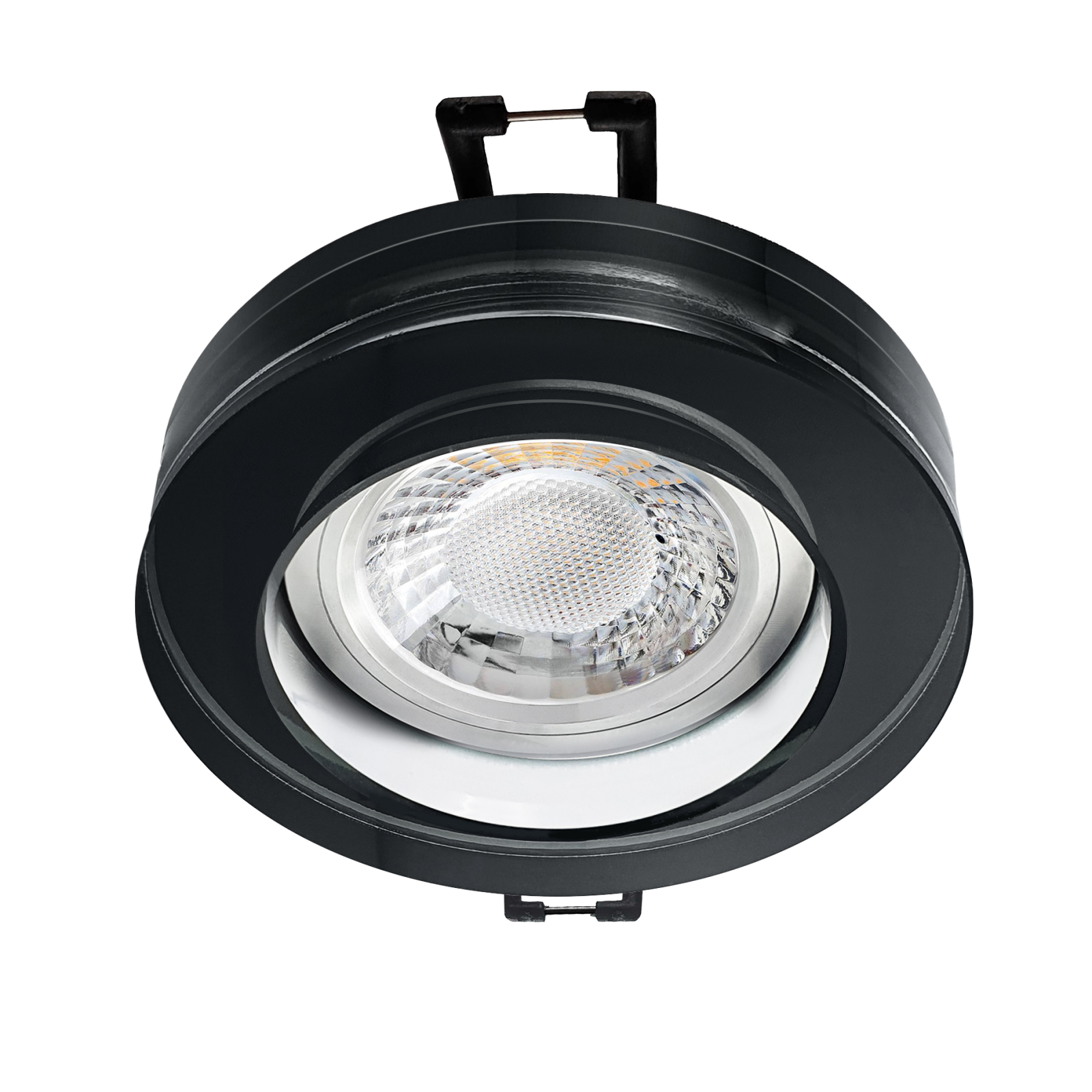 LED Aufbau Einbaustrahler schwarz spiegelnd | Runder Einbauspot Echtglas | Lochmaß Ø 68mm - 75mm | geringe Einbautiefe 22mm 